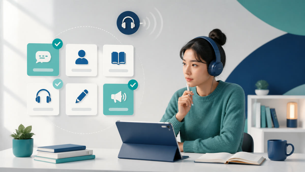 Learner evaluating several possible answers to an audio question