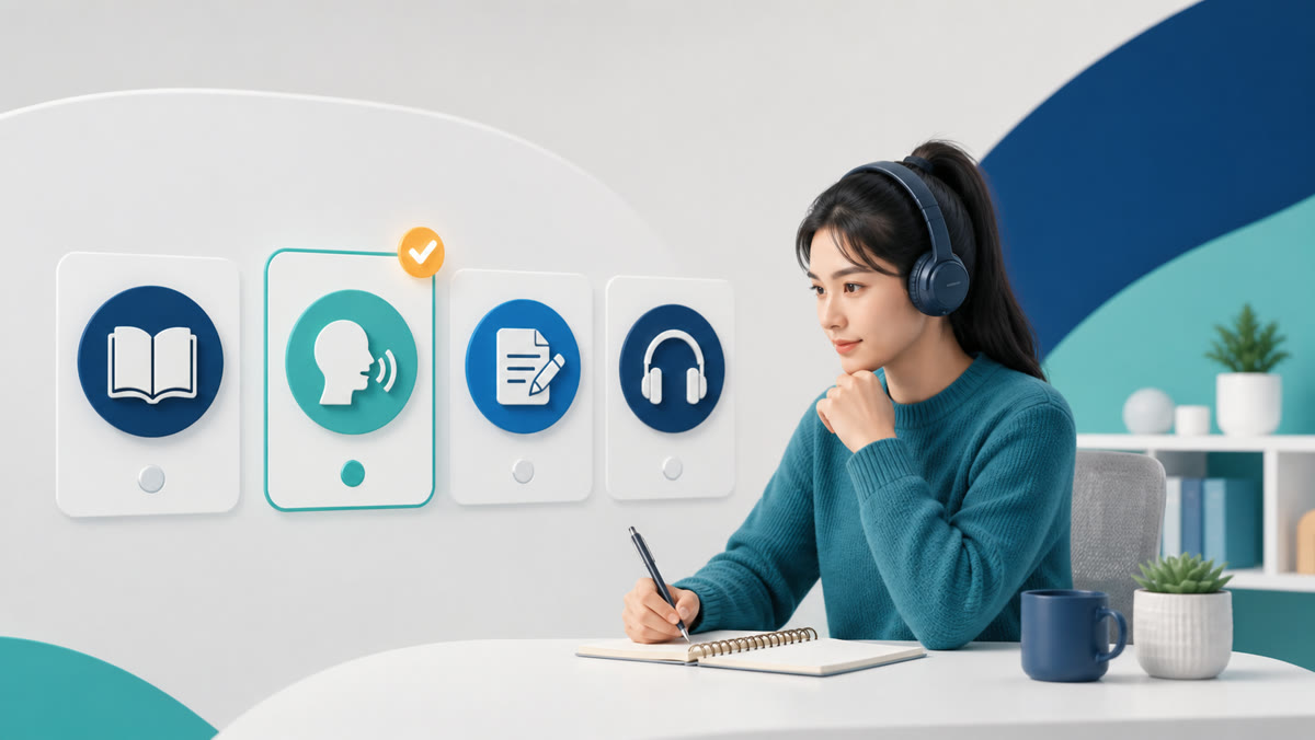 Learner selecting one best answer after listening to an audio passage