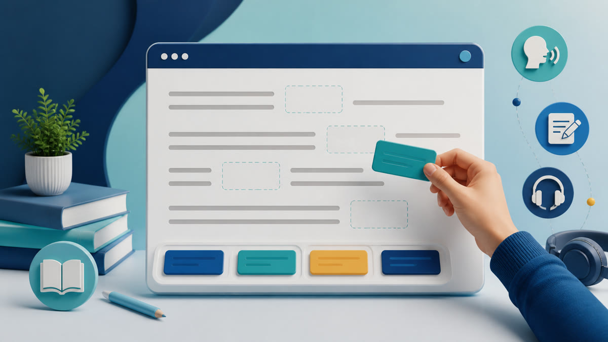 Learner moving word tiles into gaps in a reading passage