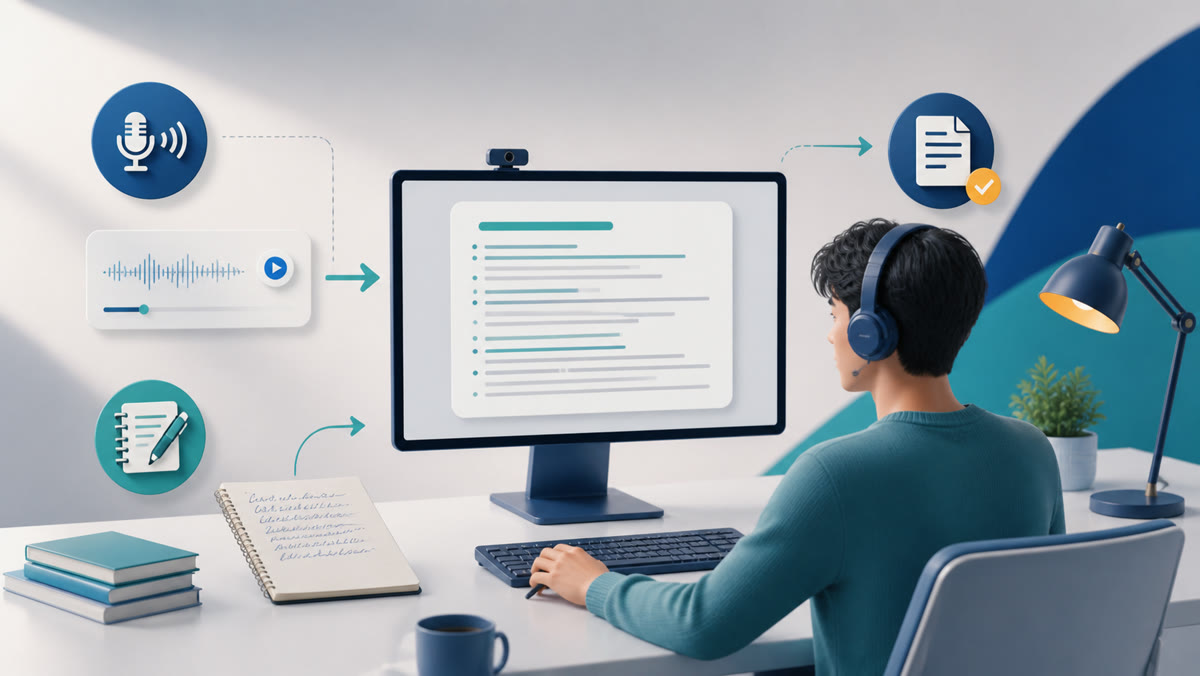 Student turning an audio lecture and notes into a concise written summary