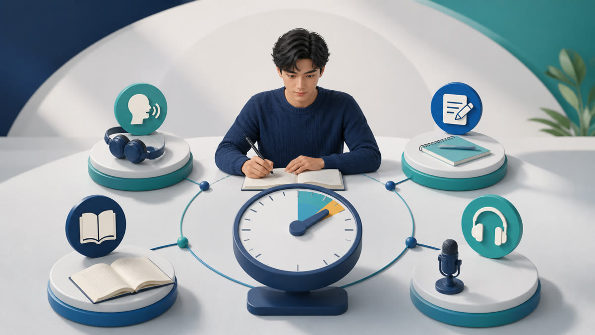 PTE learner coordinating a timer with speaking, writing, reading and listening tasks