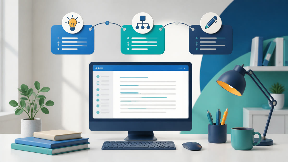 PTE learner planning and typing a well-structured academic essay
