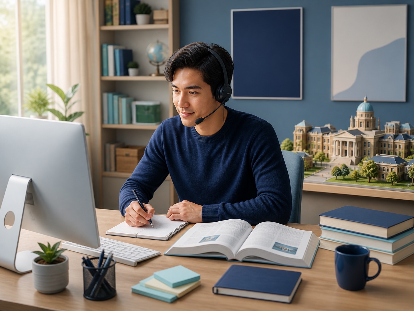 Student preparing for PTE Academic with a computer, headset, microphone and study notes