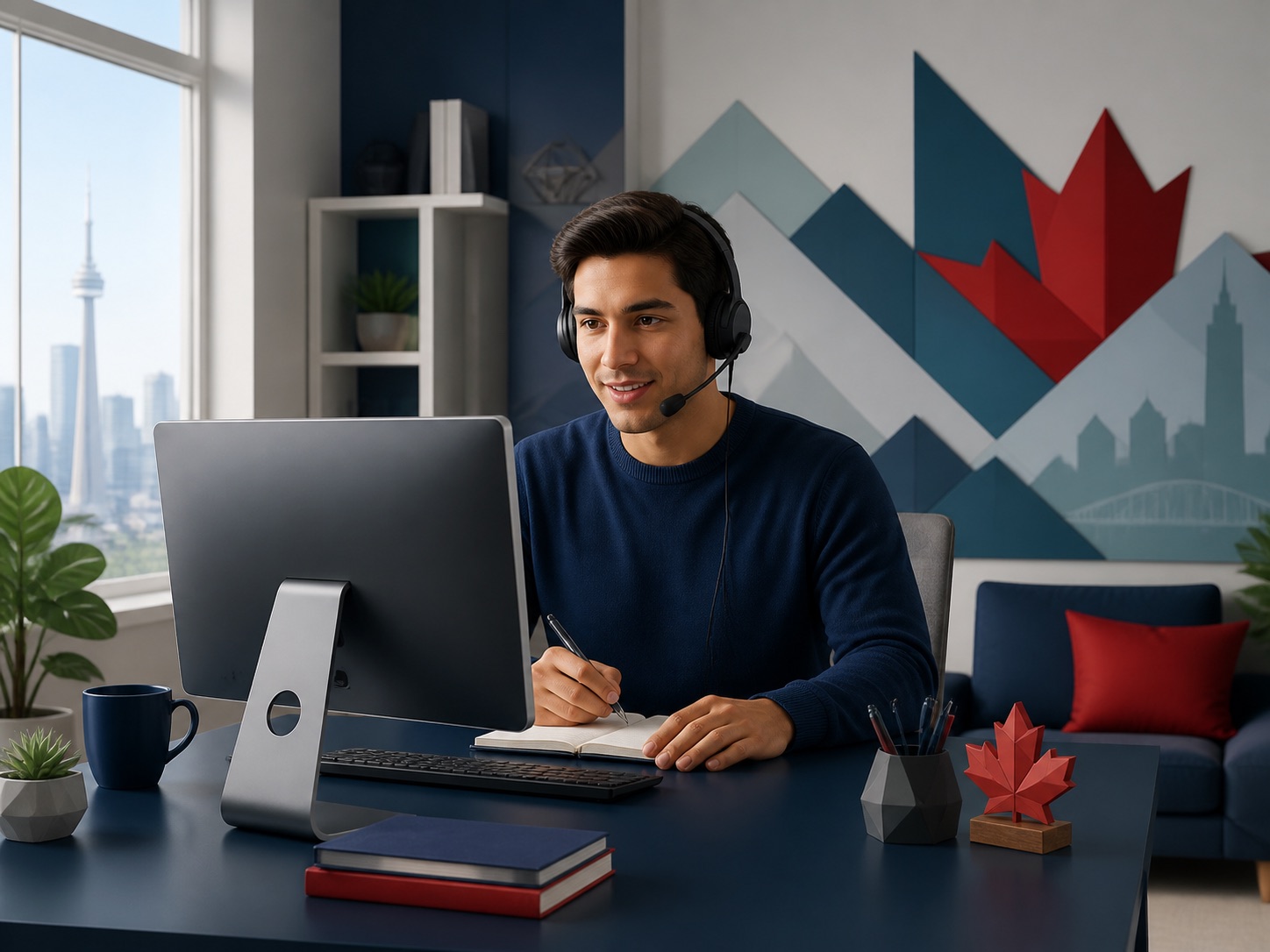 Student preparing for PTE Core with a computer and a stylised Canadian city setting