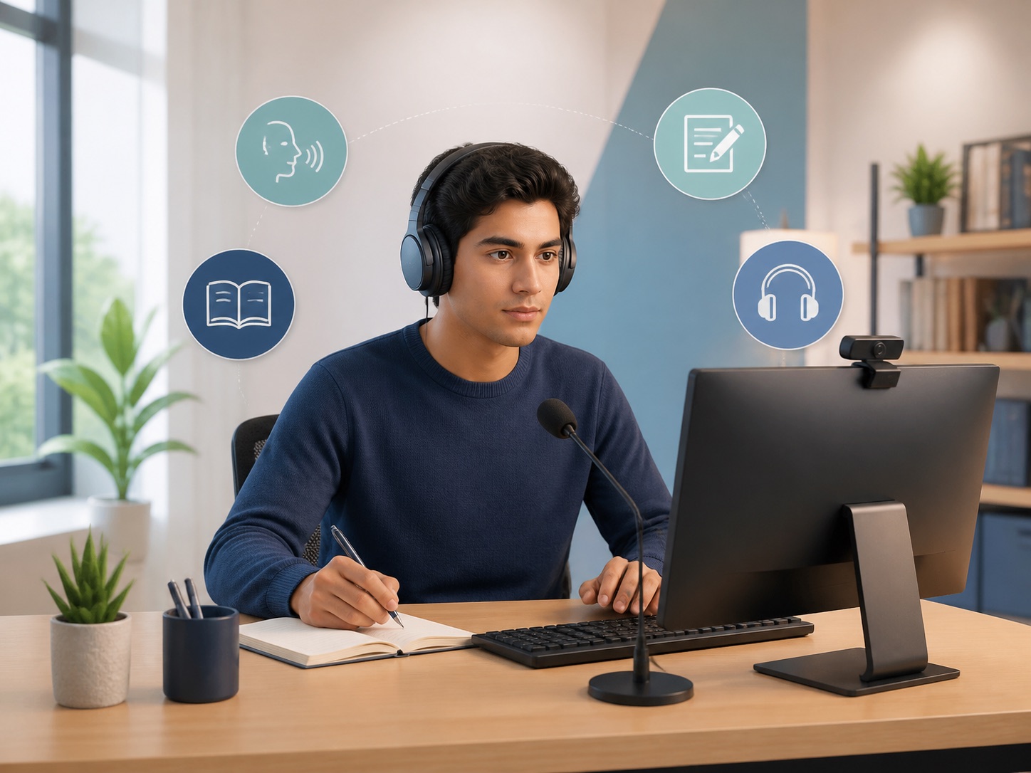 Computer-based PTE exam setup connected to speaking, writing, reading and listening tools