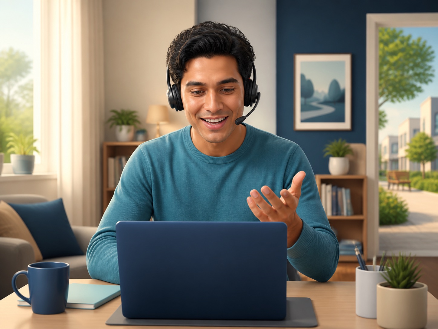 Illustration of a learner practising speaking with a headset before a centre-based PTE Home test
