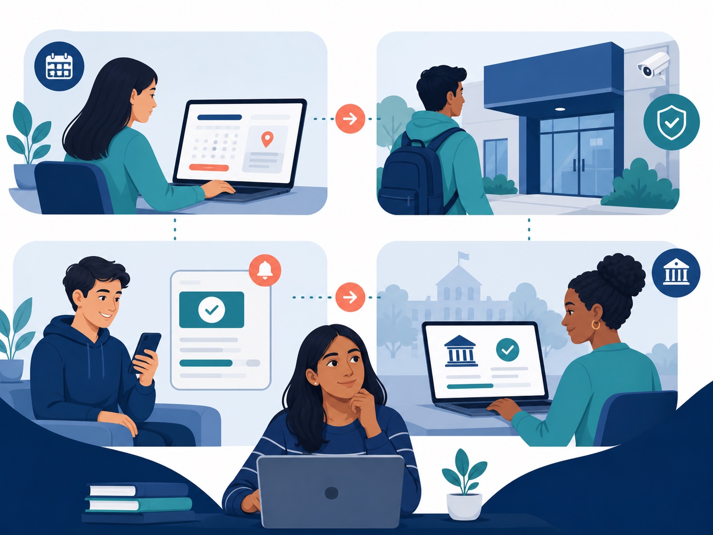 Booking confirmation, secure test location and digital result in sequence