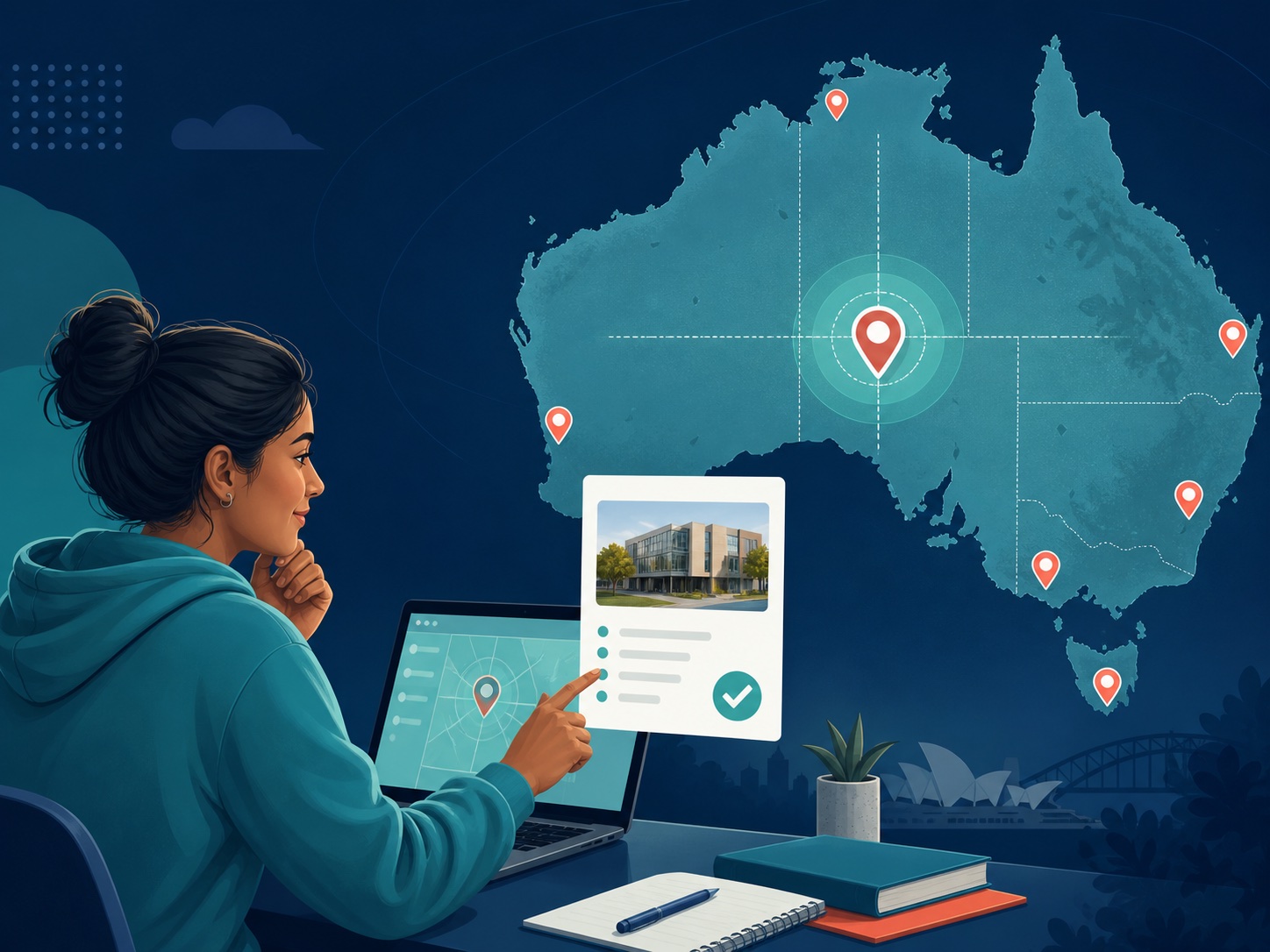 Learner checking an Australian map and live PTE test-centre availability