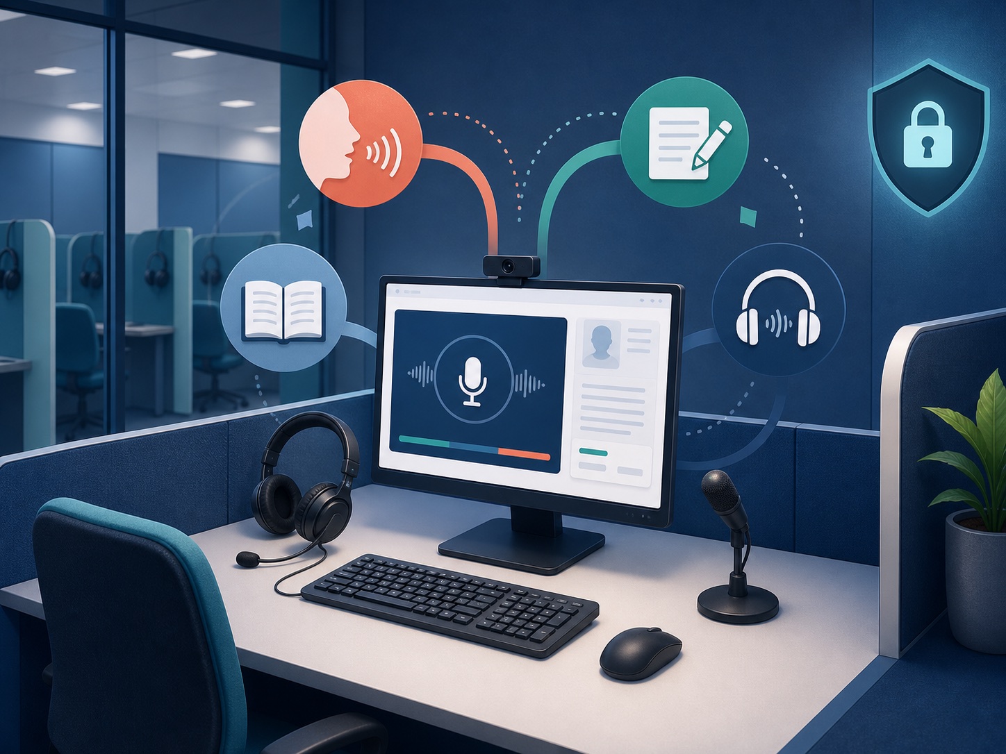 Computer test station with headphones and the four English skills