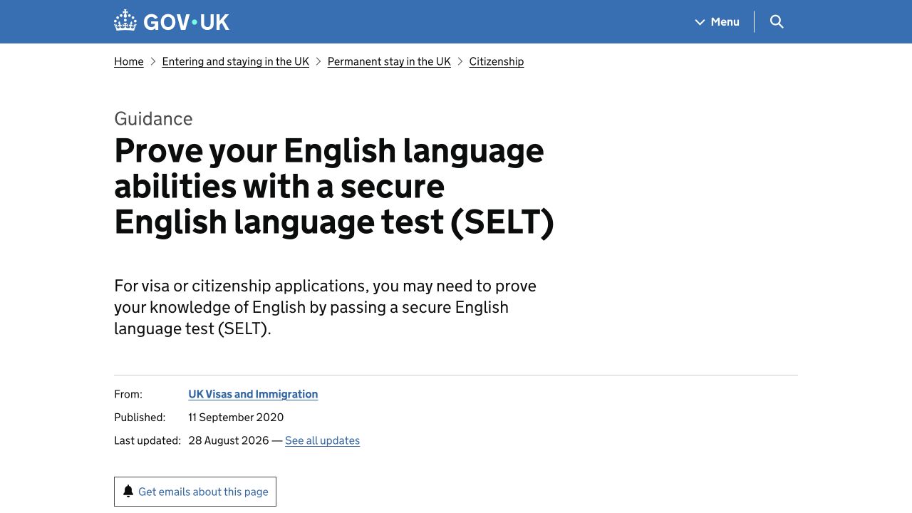 Reference capture of GOV.UK guidance for secure English language tests; check the live page for current rules